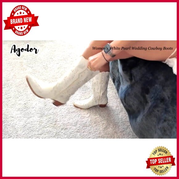 Pearl Embellished Knee High Cowboy Boots Chunky Heel Western Embroidery Pull On - Picture 7 of 7